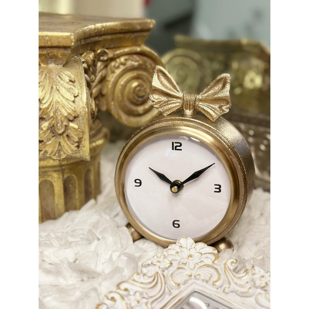 Vintage Style Antique Gold Clock With Bow Boho Shabby Chic Home Decor Victorian